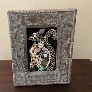 Handmade jewelry art squirrel silver tone vintage chain brooch wooden frame bead